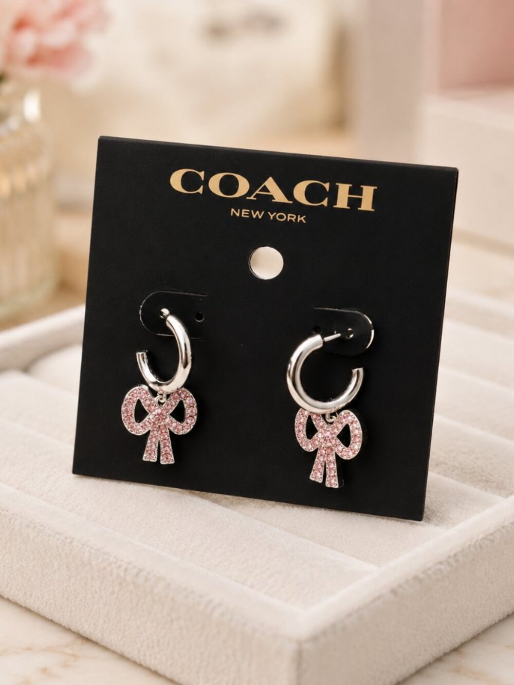 Coach Silver Pave Crystal Bow Charm Hoop Earrings NWT - Picture 3 of 3
